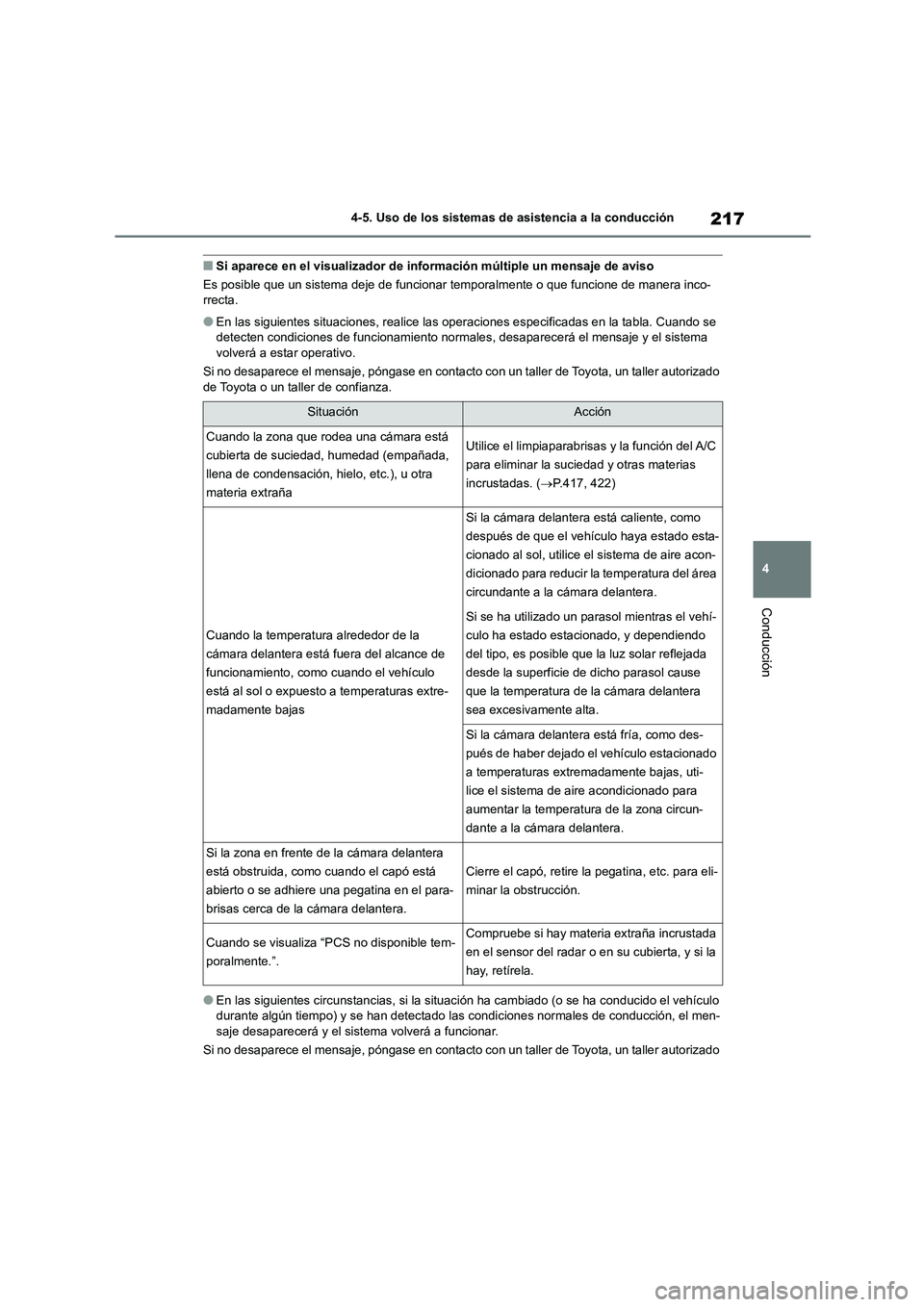 TOYOTA COROLLA 2023  Manual del propietario (in Spanish) 217
4 
4-5. Uso de los sistemas de asistencia a la conducción
Conducción
■Si aparece en el visualizador de información múltiple un mensaje de aviso 
Es posible que un sistema deje  de funcionar 