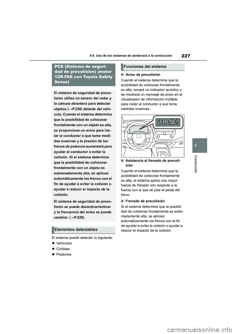 TOYOTA COROLLA 2023 Manual del propietario (in Spanish) 227
4
4-5. Uso de los sistemas de asistencia a la conducción
Conducción
El sistema puede detectar lo siguiente:
Ve h íc u l o s
Ciclistas
Peatones
■Aviso de precolisión
Cuando e TOYOTA COROLLA 2023 Manual del propietario (in Spanish) 227
4
4-5. Uso de los sistemas de asistencia a la conducción
Conducción
El sistema puede detectar lo siguiente:
Ve h íc u l o s
Ciclistas
Peatones
■Aviso de precolisión
Cuando e