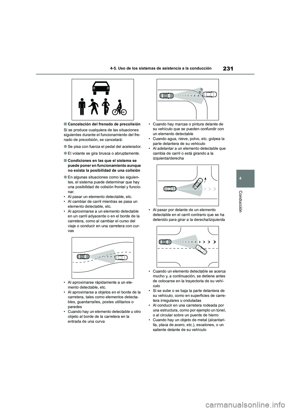 TOYOTA COROLLA 2023 Manual del propietario (in Spanish) 231
4
4-5. Uso de los sistemas de asistencia a la conducción
Conducción
■Cancelación del frenado de precolisión
Si se produce cualquiera de las situaciones siguientes durante el funcionamient TOYOTA COROLLA 2023 Manual del propietario (in Spanish) 231
4
4-5. Uso de los sistemas de asistencia a la conducción
Conducción
■Cancelación del frenado de precolisión
Si se produce cualquiera de las situaciones siguientes durante el funcionamient