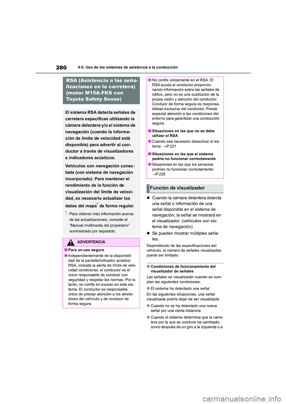 TOYOTA COROLLA 2023 Manual del propietario (in Spanish) 2804-5. Uso de los sistemas de asistencia a la conducción
Cuando la cámara delantera detecta
una señal o información de una
señal disponible en el sistema de
navegación, la señal se most TOYOTA COROLLA 2023 Manual del propietario (in Spanish) 2804-5. Uso de los sistemas de asistencia a la conducción
Cuando la cámara delantera detecta
una señal o información de una
señal disponible en el sistema de
navegación, la señal se most