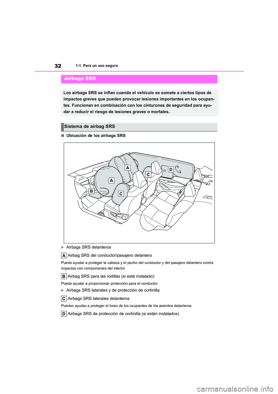 TOYOTA COROLLA 2023 Manual del propietario (in Spanish) 321-1. Para un uso seguro
■Ubicación de los airbags SRS
Airbags SRS delanteros
Airbag SRS del conductor/pasajero delantero
Puede ayudar a proteger la cabeza y el pecho del conductor y del pasa TOYOTA COROLLA 2023 Manual del propietario (in Spanish) 321-1. Para un uso seguro
■Ubicación de los airbags SRS
Airbags SRS delanteros
Airbag SRS del conductor/pasajero delantero
Puede ayudar a proteger la cabeza y el pecho del conductor y del pasa