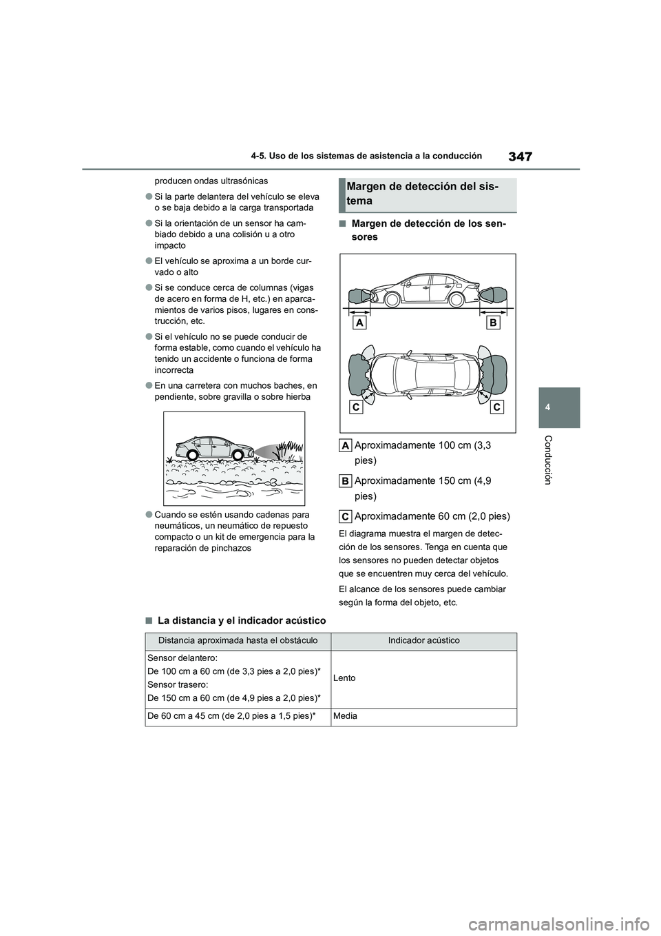 TOYOTA COROLLA 2023 Manual del propietario (in Spanish) 347
4
4-5. Uso de los sistemas de asistencia a la conducción
Conducción
producen ondas ultrasónicas
●Si la parte delantera del vehículo se eleva
o se baja debido a la carga transportada
●Si TOYOTA COROLLA 2023 Manual del propietario (in Spanish) 347
4
4-5. Uso de los sistemas de asistencia a la conducción
Conducción
producen ondas ultrasónicas
●Si la parte delantera del vehículo se eleva
o se baja debido a la carga transportada
●Si