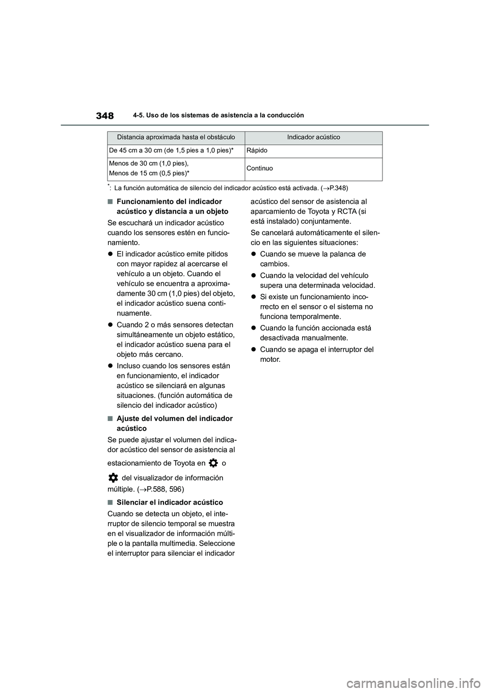 TOYOTA COROLLA 2023 Manual del propietario (in Spanish) 3484-5. Uso de los sistemas de asistencia a la conducción
*: La función automática de silencio del indicador acústico está activada. (P.348)
■Funcionamiento del indicador
acústico y dista TOYOTA COROLLA 2023 Manual del propietario (in Spanish) 3484-5. Uso de los sistemas de asistencia a la conducción
*: La función automática de silencio del indicador acústico está activada. (P.348)
■Funcionamiento del indicador
acústico y dista