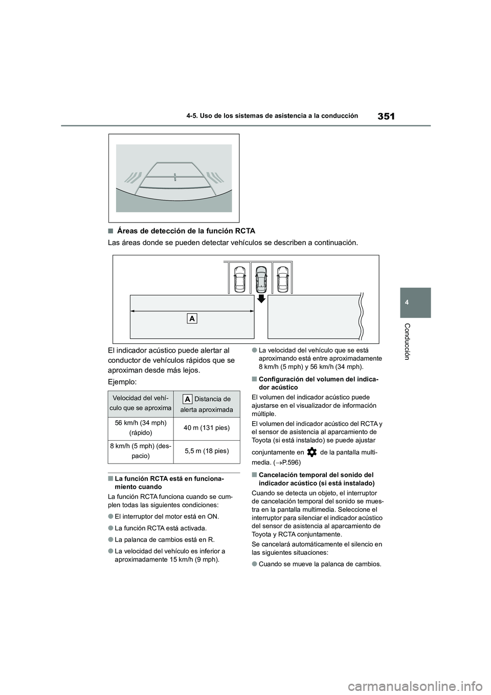 TOYOTA COROLLA 2023 Manual del propietario (in Spanish) 351
4
4-5. Uso de los sistemas de asistencia a la conducción
Conducción
■Áreas de detección de la función RCTA
Las áreas donde se pueden detectar vehículos se describen a continuación.
El TOYOTA COROLLA 2023 Manual del propietario (in Spanish) 351
4
4-5. Uso de los sistemas de asistencia a la conducción
Conducción
■Áreas de detección de la función RCTA
Las áreas donde se pueden detectar vehículos se describen a continuación.
El