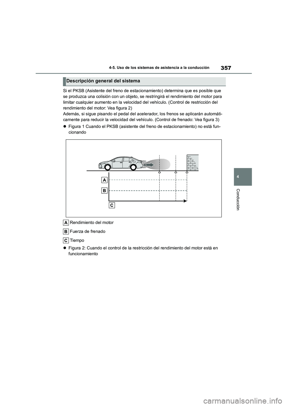 TOYOTA COROLLA 2023 Manual del propietario (in Spanish) 357
4
4-5. Uso de los sistemas de asistencia a la conducción
Conducción
Si el PKSB (Asistente del freno de estacio namiento) determina que es posible que
se produzca una colisión con un objeto, TOYOTA COROLLA 2023 Manual del propietario (in Spanish) 357
4
4-5. Uso de los sistemas de asistencia a la conducción
Conducción
Si el PKSB (Asistente del freno de estacio namiento) determina que es posible que
se produzca una colisión con un objeto,