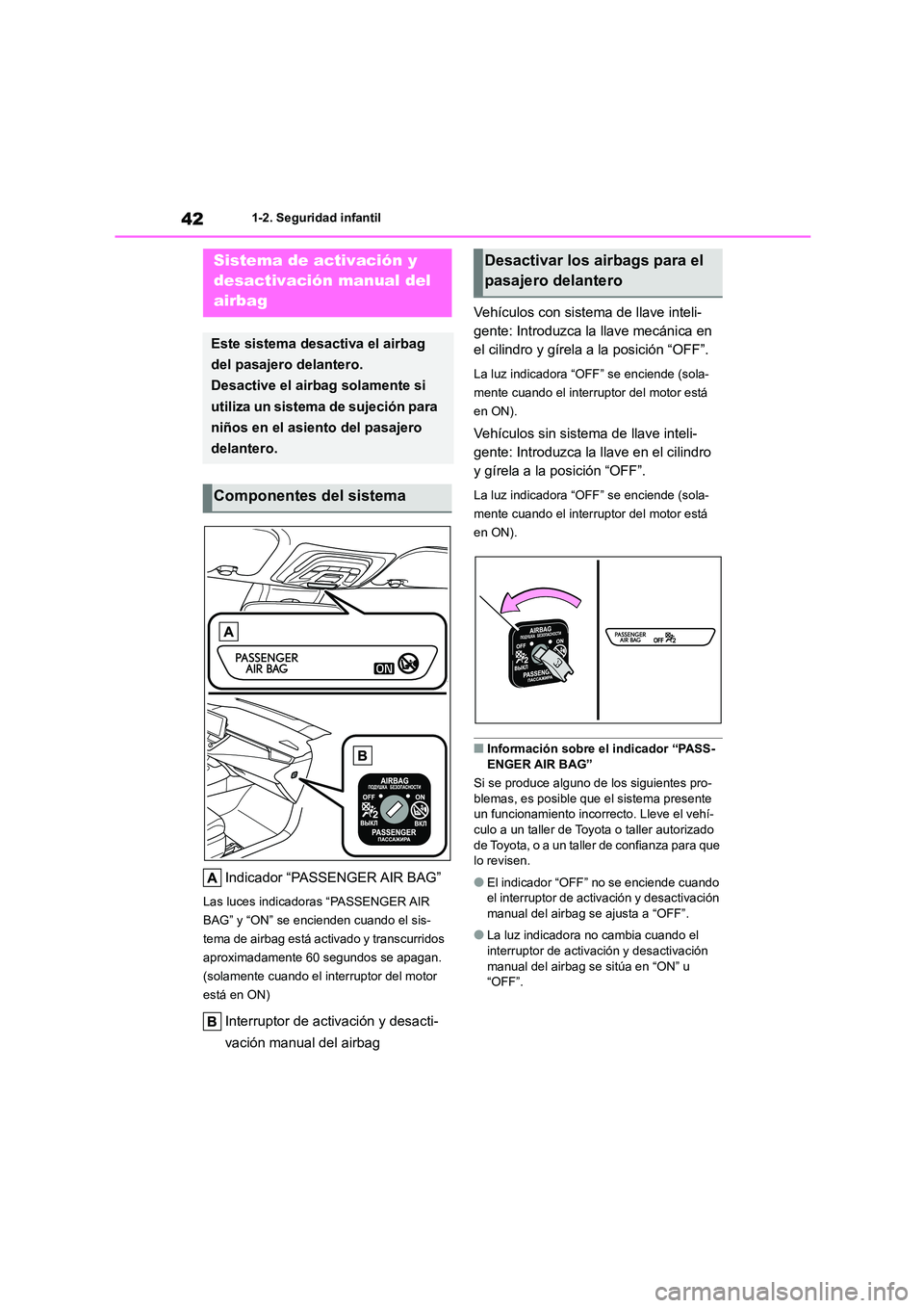 TOYOTA COROLLA 2023 Manual del propietario (in Spanish) 421-2. Seguridad infantil
1-2.Seguridad infantil
Indicador “PASSENGER AIR BAG”
Las luces indicadoras “PASSENGER AIR
BAG” y “ON” se encienden cuando el sis-
tema de airbag está activado TOYOTA COROLLA 2023 Manual del propietario (in Spanish) 421-2. Seguridad infantil
1-2.Seguridad infantil
Indicador “PASSENGER AIR BAG”
Las luces indicadoras “PASSENGER AIR
BAG” y “ON” se encienden cuando el sis-
tema de airbag está activado