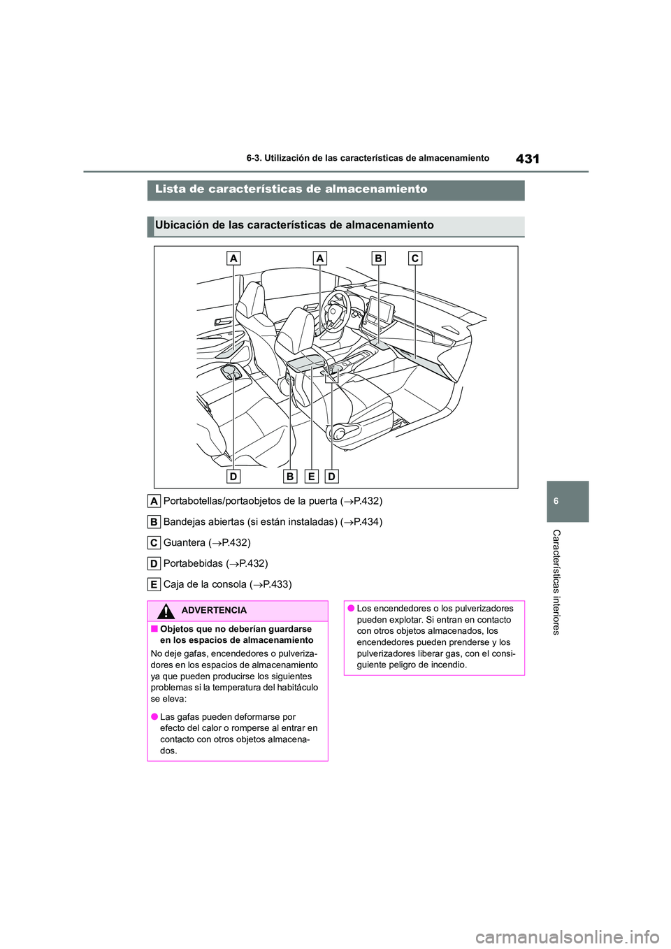 TOYOTA COROLLA 2023 Manual del propietario (in Spanish) 431
6
6-3. Utilización de las características de almacenamiento
Características interiores
6-3.Utilización de las características de almacenamiento
Portabotellas/portaobjetos de la puerta ( P TOYOTA COROLLA 2023 Manual del propietario (in Spanish) 431
6
6-3. Utilización de las características de almacenamiento
Características interiores
6-3.Utilización de las características de almacenamiento
Portabotellas/portaobjetos de la puerta ( P