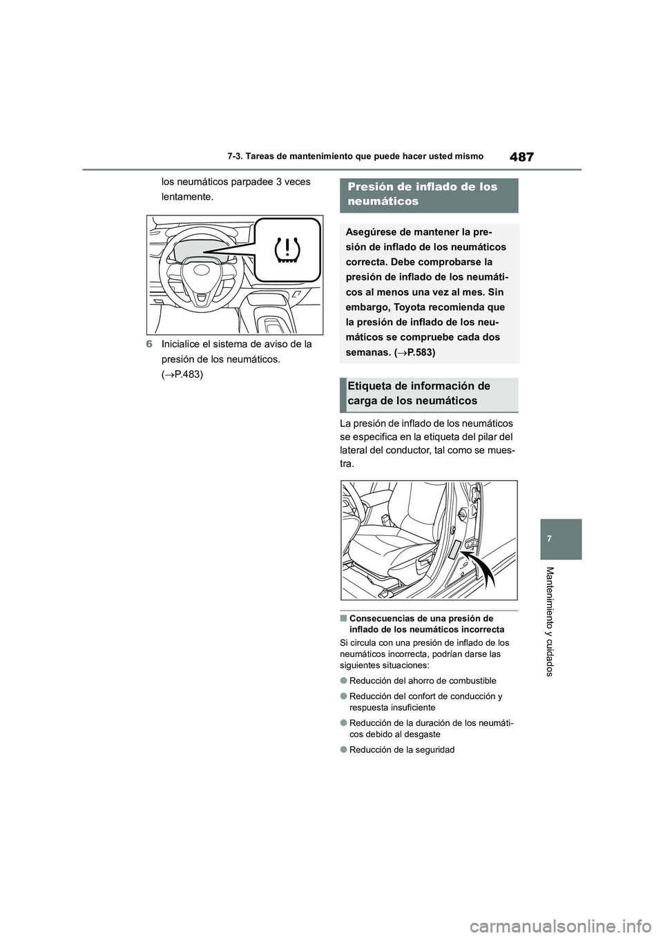TOYOTA COROLLA 2023  Manual del propietario (in Spanish) 487
7 
7-3. Tareas de mantenimiento que puede hacer usted mismo
Mantenimiento y cuidados
los neumáticos parpadee 3 veces  
lentamente. 
6 Inicialice el sistema de aviso de la  
presión de los neumá