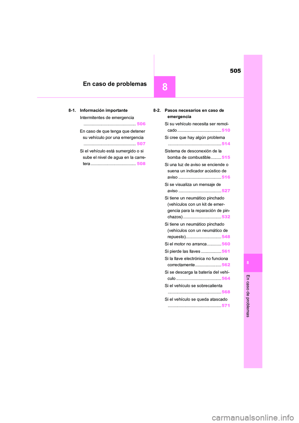 TOYOTA COROLLA 2023  Manual del propietario (in Spanish) 8
505
En caso de problemas
8
En caso de problemas
.8-1. Información importante 
Intermitentes de emergencia 
............................................ 506 
En caso de que tenga que detener  
su ve