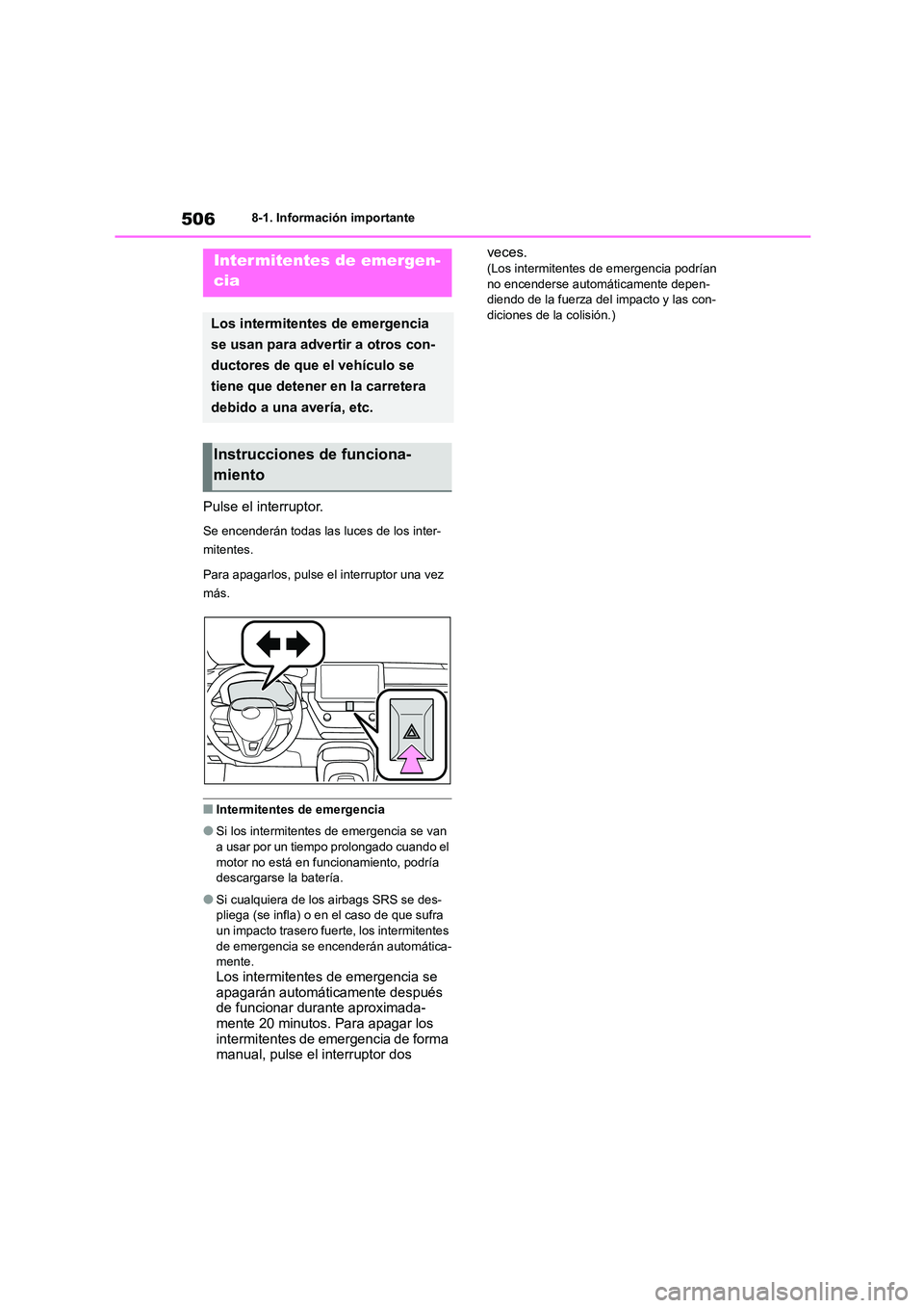 TOYOTA COROLLA 2023  Manual del propietario (in Spanish) 5068-1. Información importante
8-1.Información importante
Pulse el interruptor.
Se encenderán todas las luces de los inter- 
mitentes. 
Para apagarlos, pulse el interruptor una vez  
más.
■Inter