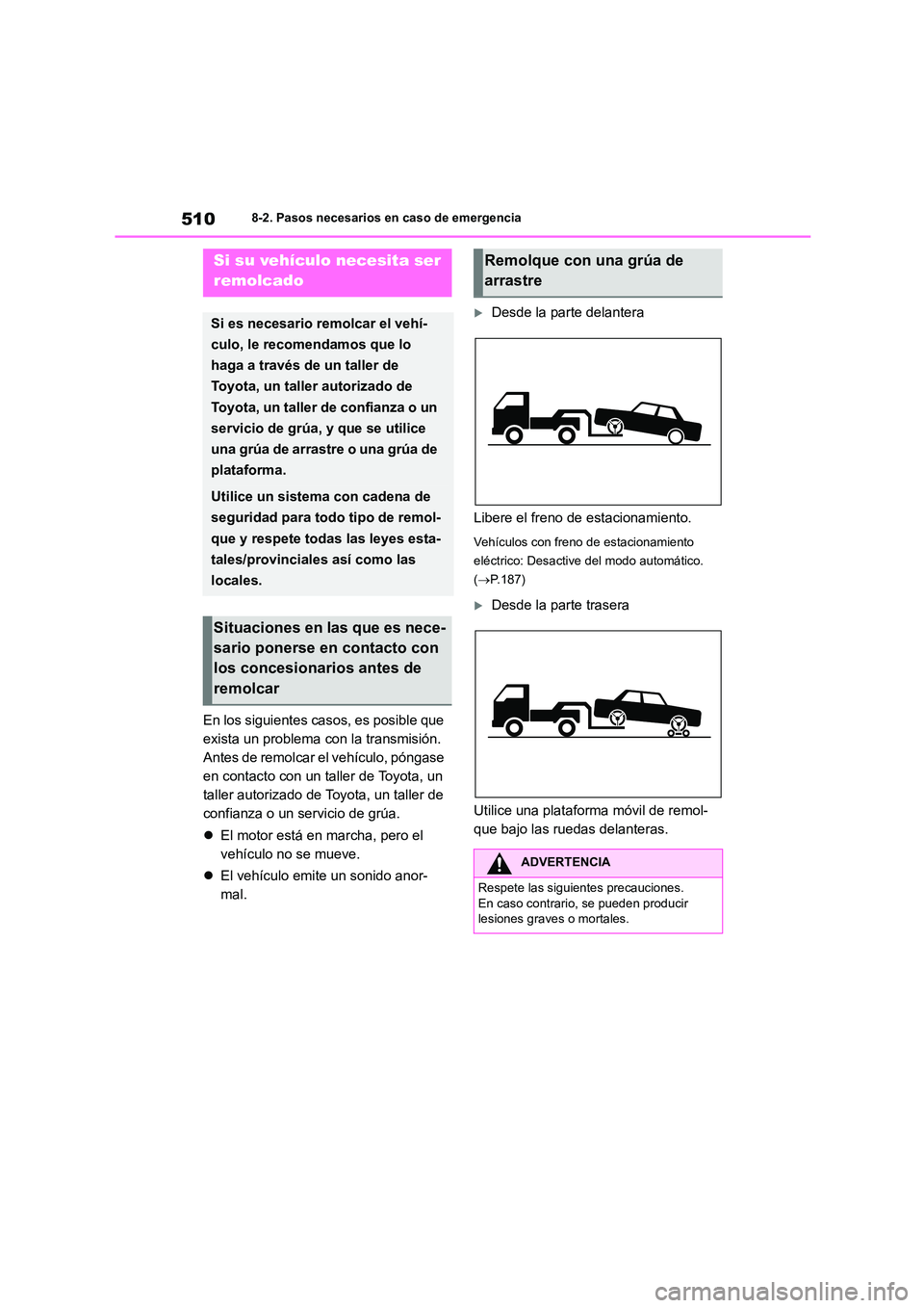 TOYOTA COROLLA 2023 Manual del propietario (in Spanish) 5108-2. Pasos necesarios en caso de emergencia
8-2.Pasos necesarios en caso de emergencia
En los siguientes casos, es posible que
exista un problema con la transmisión.
Antes de remolcar el vehíc TOYOTA COROLLA 2023 Manual del propietario (in Spanish) 5108-2. Pasos necesarios en caso de emergencia
8-2.Pasos necesarios en caso de emergencia
En los siguientes casos, es posible que
exista un problema con la transmisión.
Antes de remolcar el vehíc