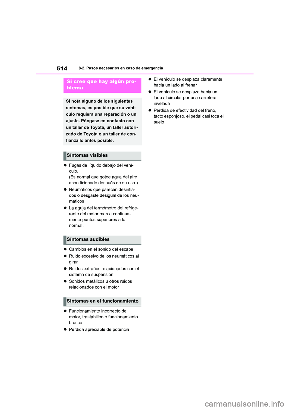 TOYOTA COROLLA 2023 Manual del propietario (in Spanish) 5148-2. Pasos necesarios en caso de emergencia
Fugas de líquido debajo del vehí-
culo.
(Es normal que gotee agua del aire
acondicionado después de su uso.)
Neumáticos que parecen desinfl TOYOTA COROLLA 2023 Manual del propietario (in Spanish) 5148-2. Pasos necesarios en caso de emergencia
Fugas de líquido debajo del vehí-
culo.
(Es normal que gotee agua del aire
acondicionado después de su uso.)
Neumáticos que parecen desinfl