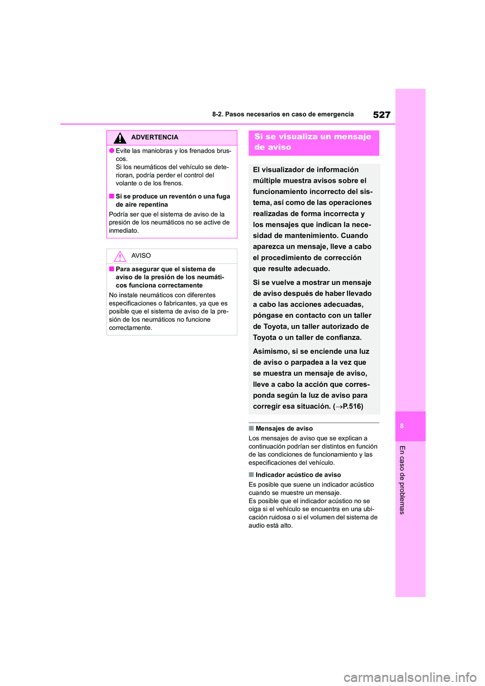 TOYOTA COROLLA 2023 Manual del propietario (in Spanish) 527
8
8-2. Pasos necesarios en caso de emergencia
En caso de problemas
■Mensajes de aviso
Los mensajes de aviso que se explican a
continuación podrían ser distintos en función de las condici TOYOTA COROLLA 2023 Manual del propietario (in Spanish) 527
8
8-2. Pasos necesarios en caso de emergencia
En caso de problemas
■Mensajes de aviso
Los mensajes de aviso que se explican a
continuación podrían ser distintos en función de las condici