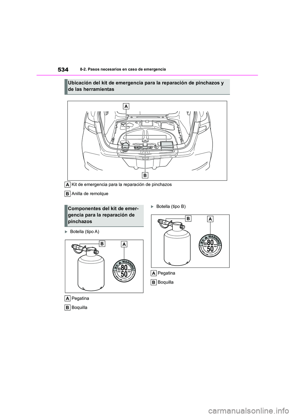 TOYOTA COROLLA 2023 Manual del propietario (in Spanish) 5348-2. Pasos necesarios en caso de emergencia
Kit de emergencia para la reparación de pinchazos
Anilla de remolque
Botella (tipo A)
Pegatina
Boquilla
Botella (tipo B)
Pegatina
Boquilla
Ub TOYOTA COROLLA 2023 Manual del propietario (in Spanish) 5348-2. Pasos necesarios en caso de emergencia
Kit de emergencia para la reparación de pinchazos
Anilla de remolque
Botella (tipo A)
Pegatina
Boquilla
Botella (tipo B)
Pegatina
Boquilla
Ub