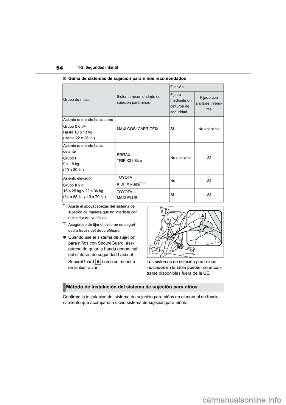 TOYOTA COROLLA 2023  Manual del propietario (in Spanish) 541-2. Seguridad infantil
■Gama de sistemas de sujeción para niños recomendados
*1: Ajuste el apoyacabezas del sistema de  
sujeción de manera que no interfiera con  
el interior del vehículo.
*