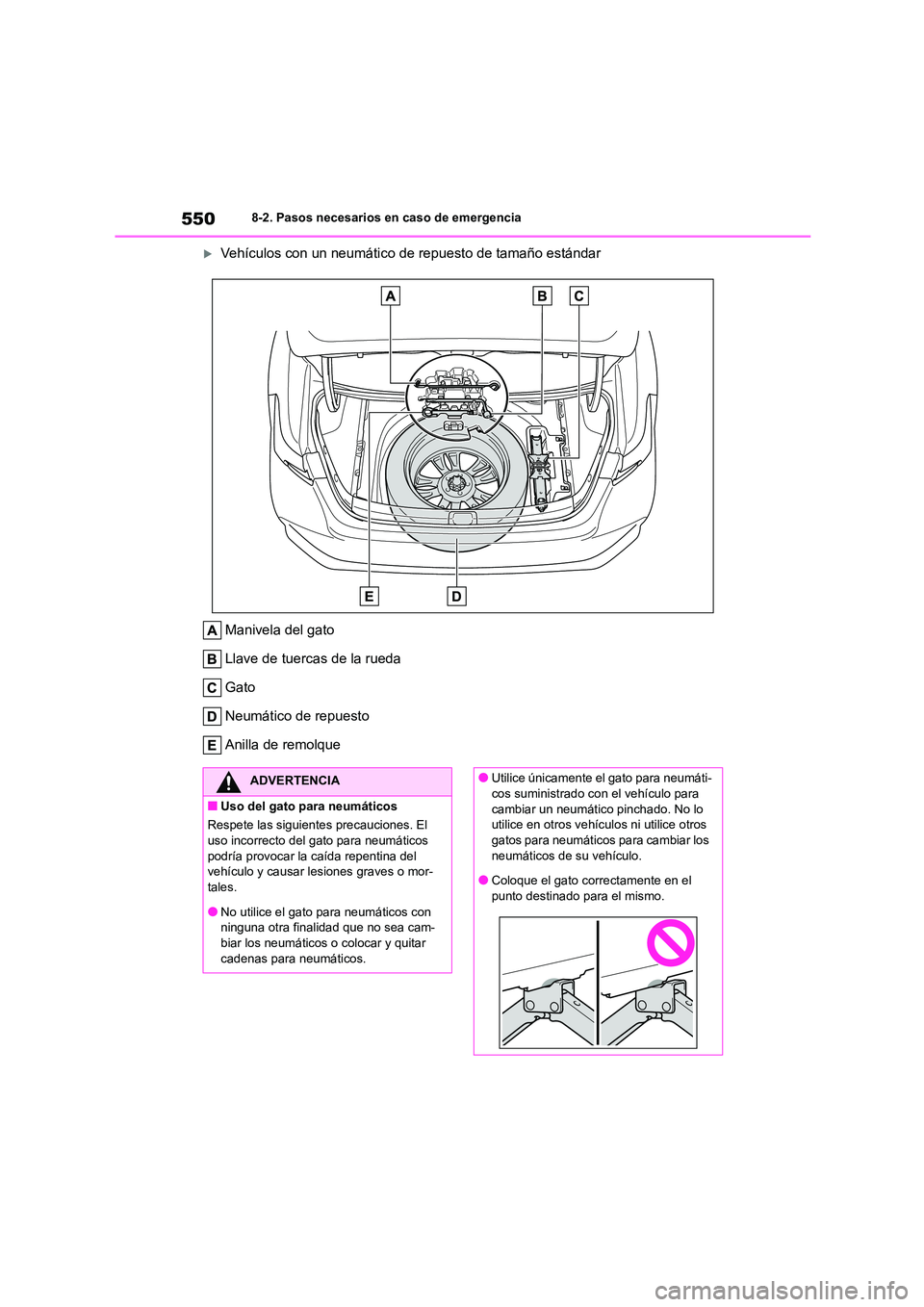 TOYOTA COROLLA 2023  Manual del propietario (in Spanish) 5508-2. Pasos necesarios en caso de emergencia
Vehículos con un neumático de repuesto de tamaño estándar 
Manivela del gato 
Llave de tuercas de la rueda 
Gato 
Neumático de repuesto
Anilla de
