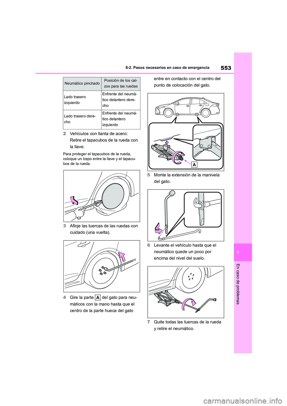 TOYOTA COROLLA 2023  Manual del propietario (in Spanish) 553
8 
8-2. Pasos necesarios en caso de emergencia
En caso de problemas
2 Vehículos con llanta de acero:  
Retire el tapacubos de la rueda con 
la llave.
Para proteger el tapacubos de la rueda,  
col