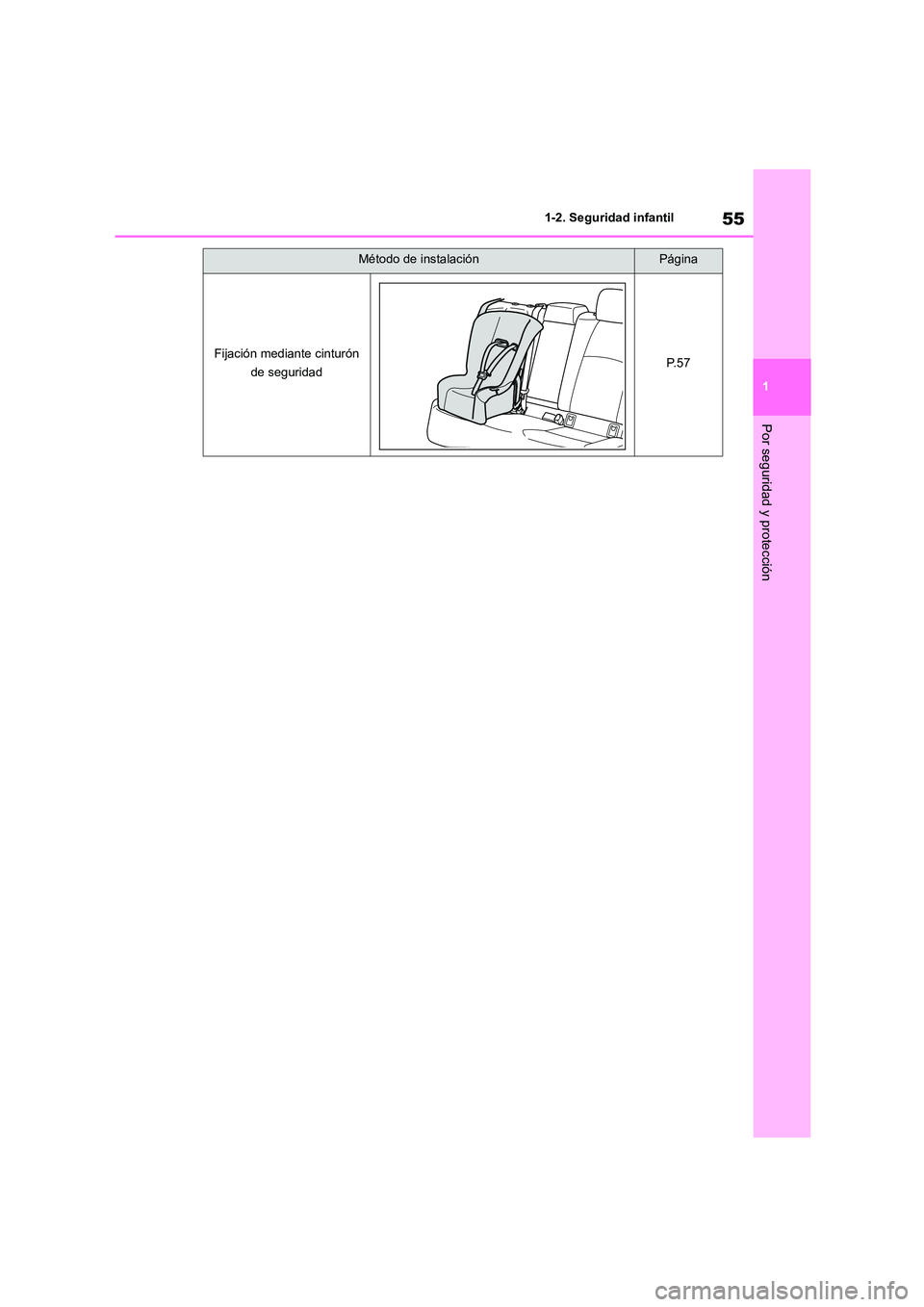 TOYOTA COROLLA 2023  Manual del propietario (in Spanish) 55
1 
1-2. Seguridad infantil
Por seguridad y protección
Método de instalaciónPágina
Fijación mediante cinturón  
de seguridadP. 5 7 