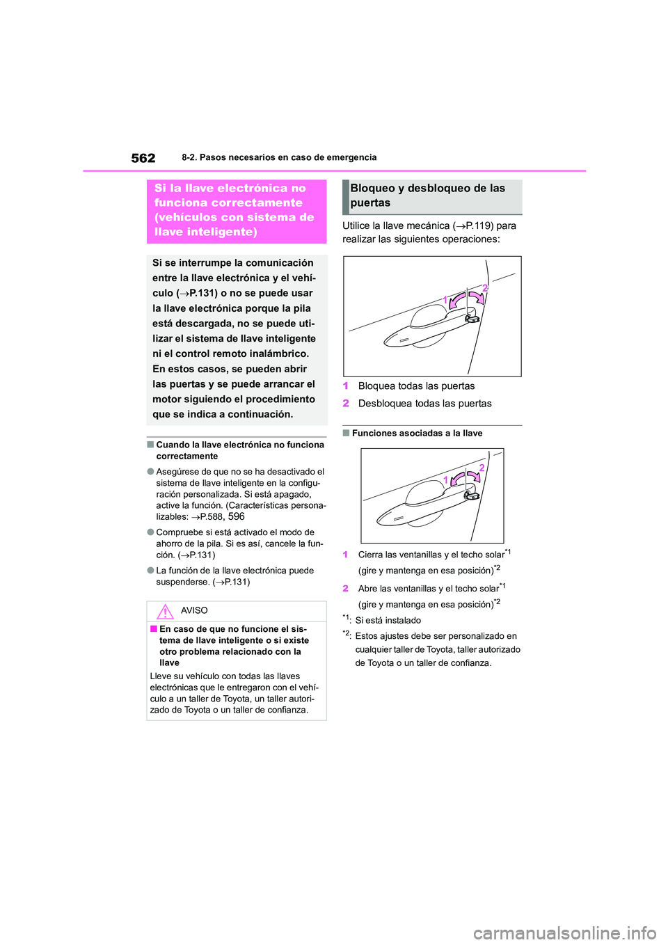 TOYOTA COROLLA 2023  Manual del propietario (in Spanish) 5628-2. Pasos necesarios en caso de emergencia
■Cuando la llave electrónica no funciona  correctamente
●Asegúrese de que no se ha desactivado el sistema de llave inteligente en la configu- 
raci