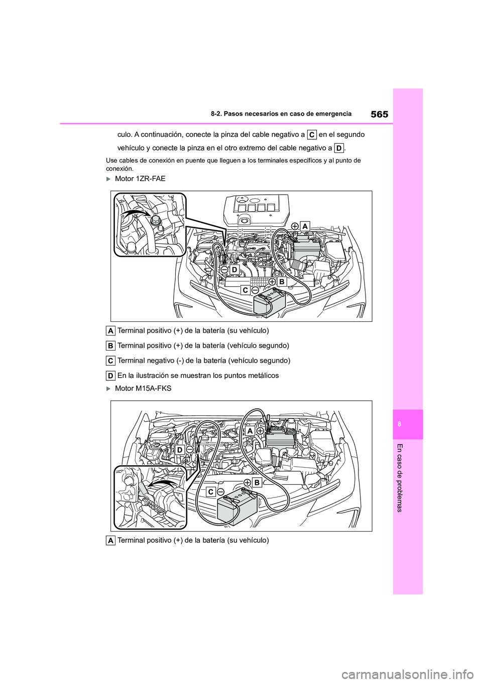 TOYOTA COROLLA 2023  Manual del propietario (in Spanish) 565
8 
8-2. Pasos necesarios en caso de emergencia
En caso de problemas
culo. A continuación, conecte la pinza del cable negativo a   en el segundo  
vehículo y conecte la pinza en el otro extremo d