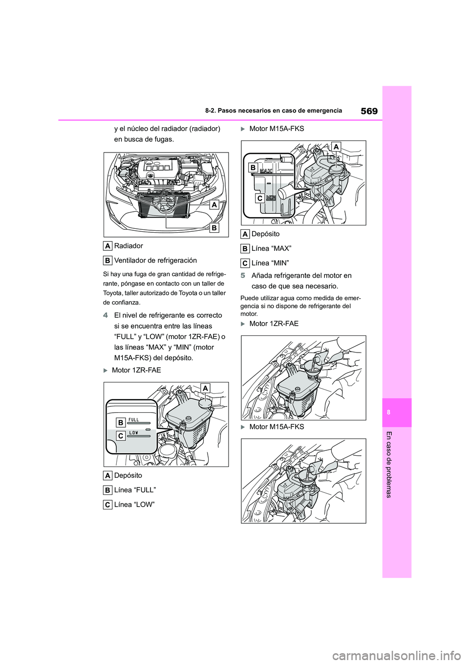 TOYOTA COROLLA 2023  Manual del propietario (in Spanish) 569
8 
8-2. Pasos necesarios en caso de emergencia
En caso de problemas
y el núcleo del radiador (radiador)  
en busca de fugas. 
Radiador 
Ventilador de refrigeración
Si hay una fuga de gran cantid