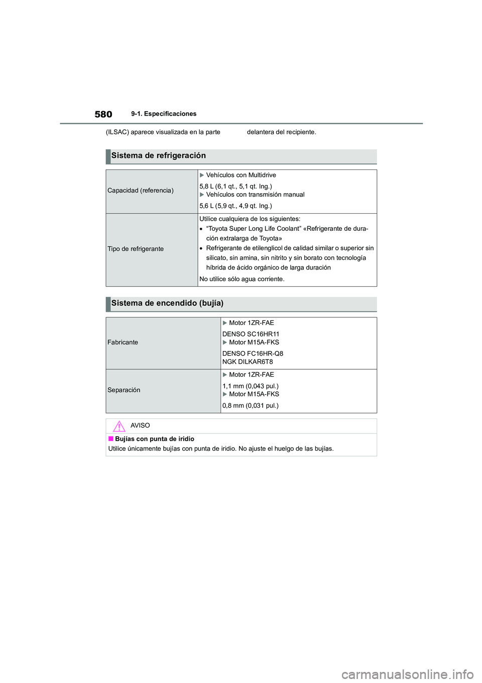 TOYOTA COROLLA 2023  Manual del propietario (in Spanish) 5809-1. Especificaciones 
(ILSAC) aparece visualizada en la  parte  delantera del recipiente.
Sistema de refrigeración
Capacidad (referencia)
Vehículos con Multidrive 
5,8 L (6,1 qt., 5,1 qt. Ing
