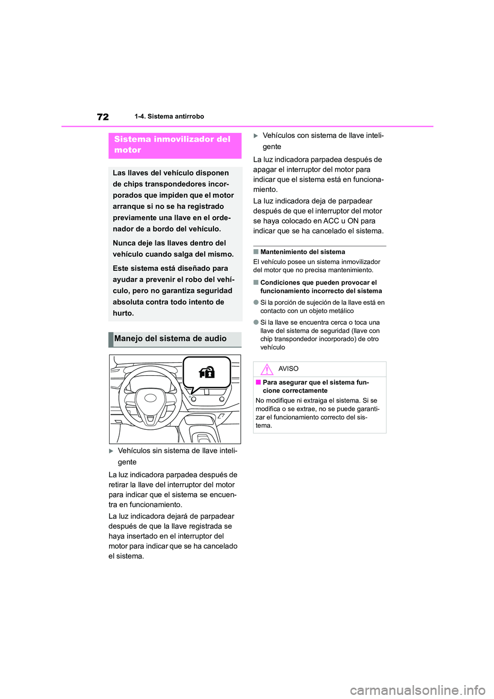 TOYOTA COROLLA 2023  Manual del propietario (in Spanish) 721-4. Sistema antirrobo
1-4.Sistema antirrobo
Vehículos sin sistema de llave inteli- 
gente 
La luz indicadora parpadea después de  
retirar la llave del interruptor del motor 
para indicar que 