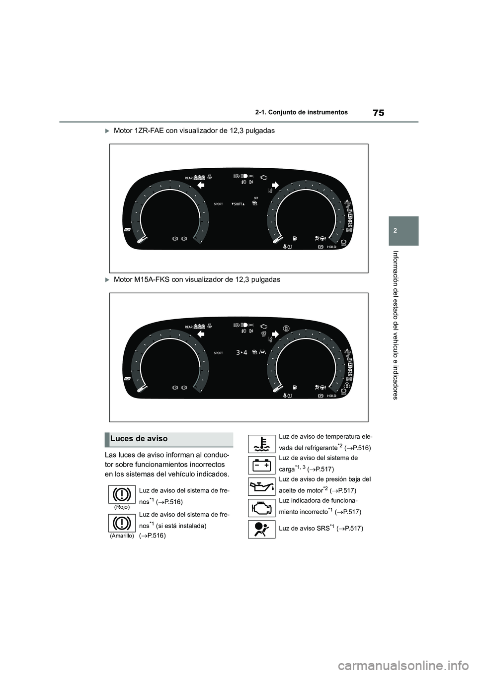 TOYOTA COROLLA 2023  Manual del propietario (in Spanish) 75
2 
2-1. Conjunto de instrumentos
Información del estado del vehículo e indicadores
Motor 1ZR-FAE con visualizador de 12,3 pulgadas
Motor M15A-FKS con visualizador de 12,3 pulgadas 
Las luce