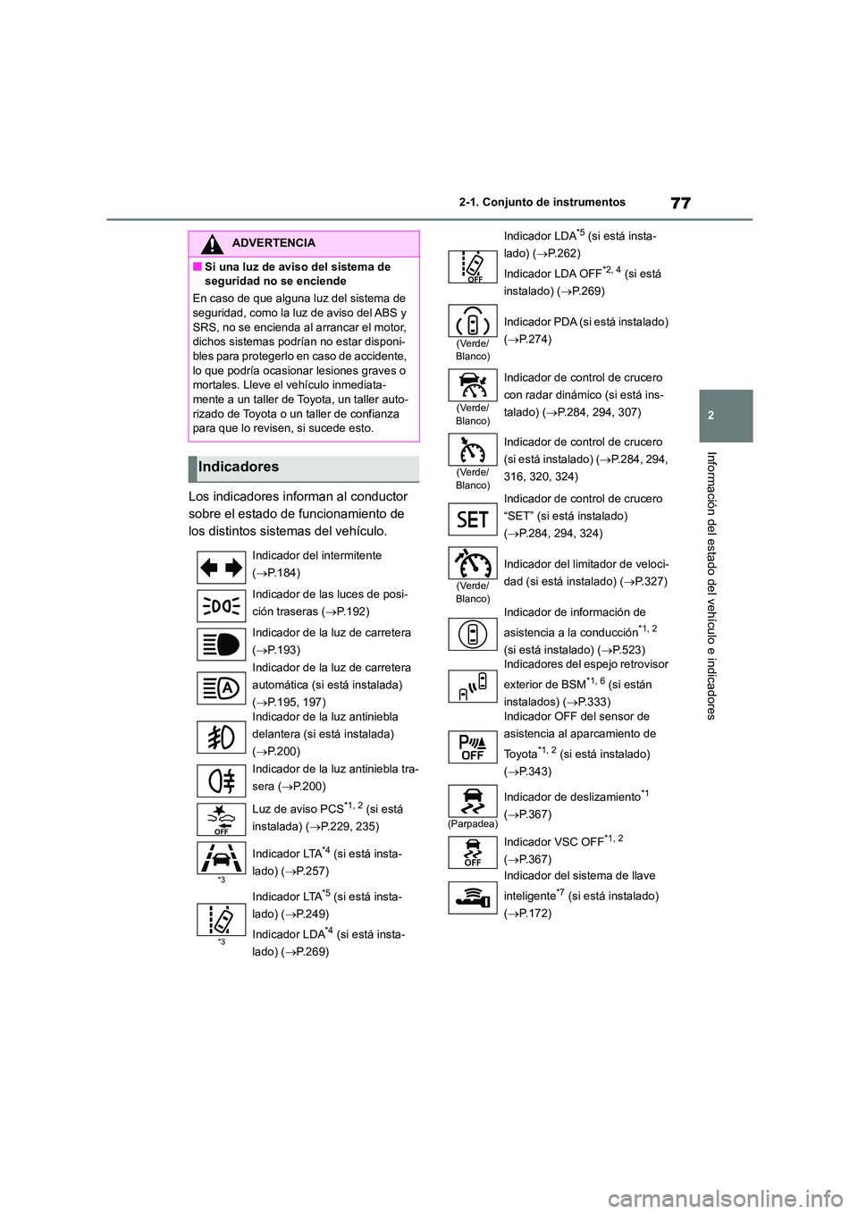 TOYOTA COROLLA 2023  Manual del propietario (in Spanish) 77
2 
2-1. Conjunto de instrumentos
Información del estado del vehículo e indicadores
Los indicadores informan al conductor  
sobre el estado de funcionamiento de 
los distintos sistemas del vehícu