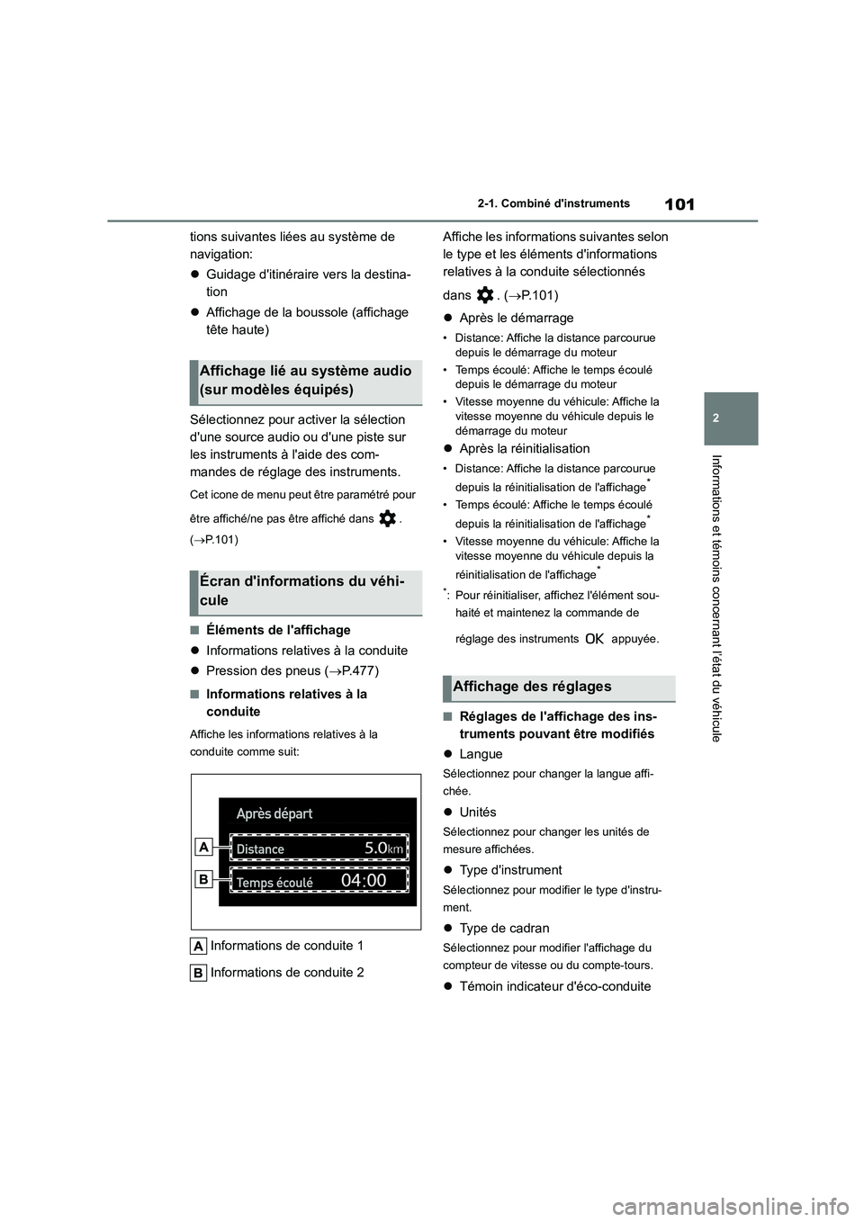 TOYOTA COROLLA 2023  Manuel du propriétaire (in French) 101
2 
2-1. Combiné dinstruments
Informations et témoins concernant l’état du véhicule
tions suivantes liées au système de  
navigation: 
 Guidage ditinéraire vers la destina- 
tion 
