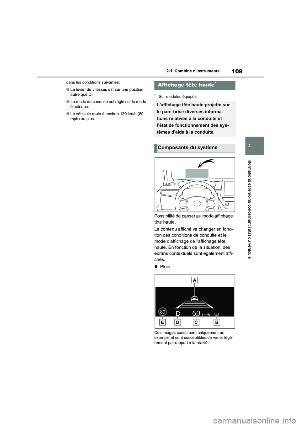 TOYOTA COROLLA 2023 Manuel du propriétaire (in French) 109
2
2-1. Combiné dinstruments
Informations et témoins concernant l’état du véhicule
dans les conditions suivantes:
●Le levier de vitesses est sur une position
autre que D.
●Le mode de TOYOTA COROLLA 2023 Manuel du propriétaire (in French) 109
2
2-1. Combiné dinstruments
Informations et témoins concernant l’état du véhicule
dans les conditions suivantes:
●Le levier de vitesses est sur une position
autre que D.
●Le mode de