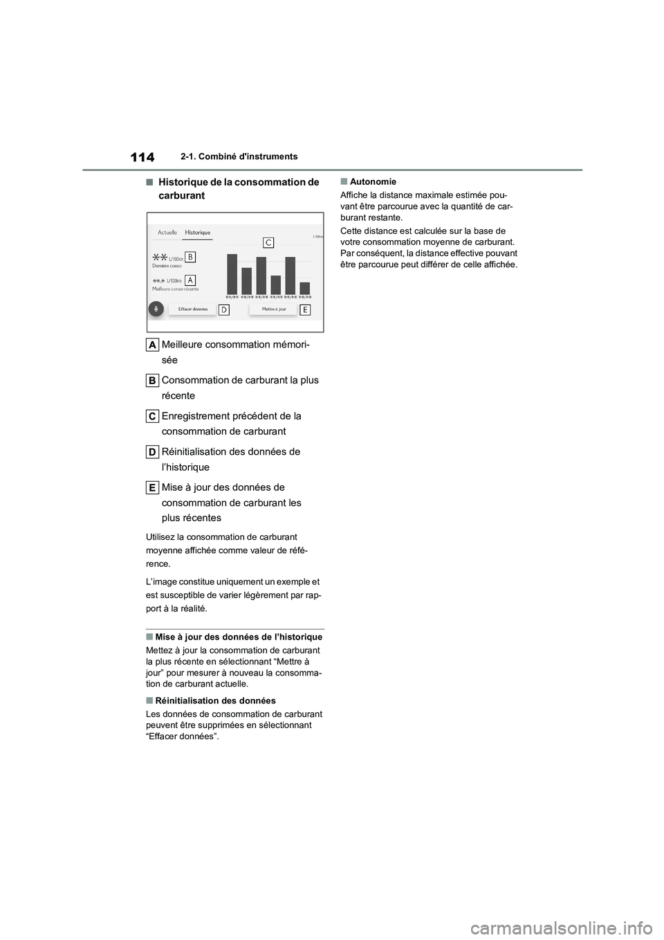 TOYOTA COROLLA 2023 Manuel du propriétaire (in French) 1142-1. Combiné dinstruments
■Historique de la consommation de
carburant
Meilleure consommation mémori-
sée
Consommation de carburant la plus
récente
Enregistrement précédent de la
TOYOTA COROLLA 2023 Manuel du propriétaire (in French) 1142-1. Combiné dinstruments
■Historique de la consommation de
carburant
Meilleure consommation mémori-
sée
Consommation de carburant la plus
récente
Enregistrement précédent de la