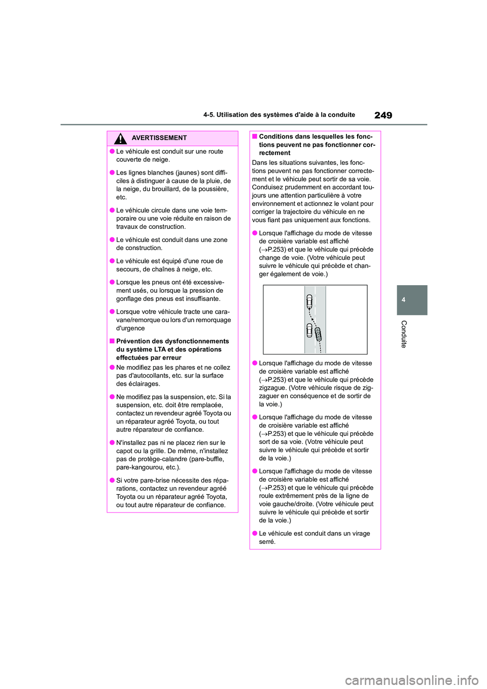 TOYOTA COROLLA 2023 Manuel du propriétaire (in French) 249
4
4-5. Utilisation des systèmes daide à la conduite
Conduite
AVERTISSEMENT
●Le véhicule est conduit sur une route
couverte de neige.
●Les lignes blanches (jaunes) sont diffi- ciles à TOYOTA COROLLA 2023 Manuel du propriétaire (in French) 249
4
4-5. Utilisation des systèmes daide à la conduite
Conduite
AVERTISSEMENT
●Le véhicule est conduit sur une route
couverte de neige.
●Les lignes blanches (jaunes) sont diffi- ciles à