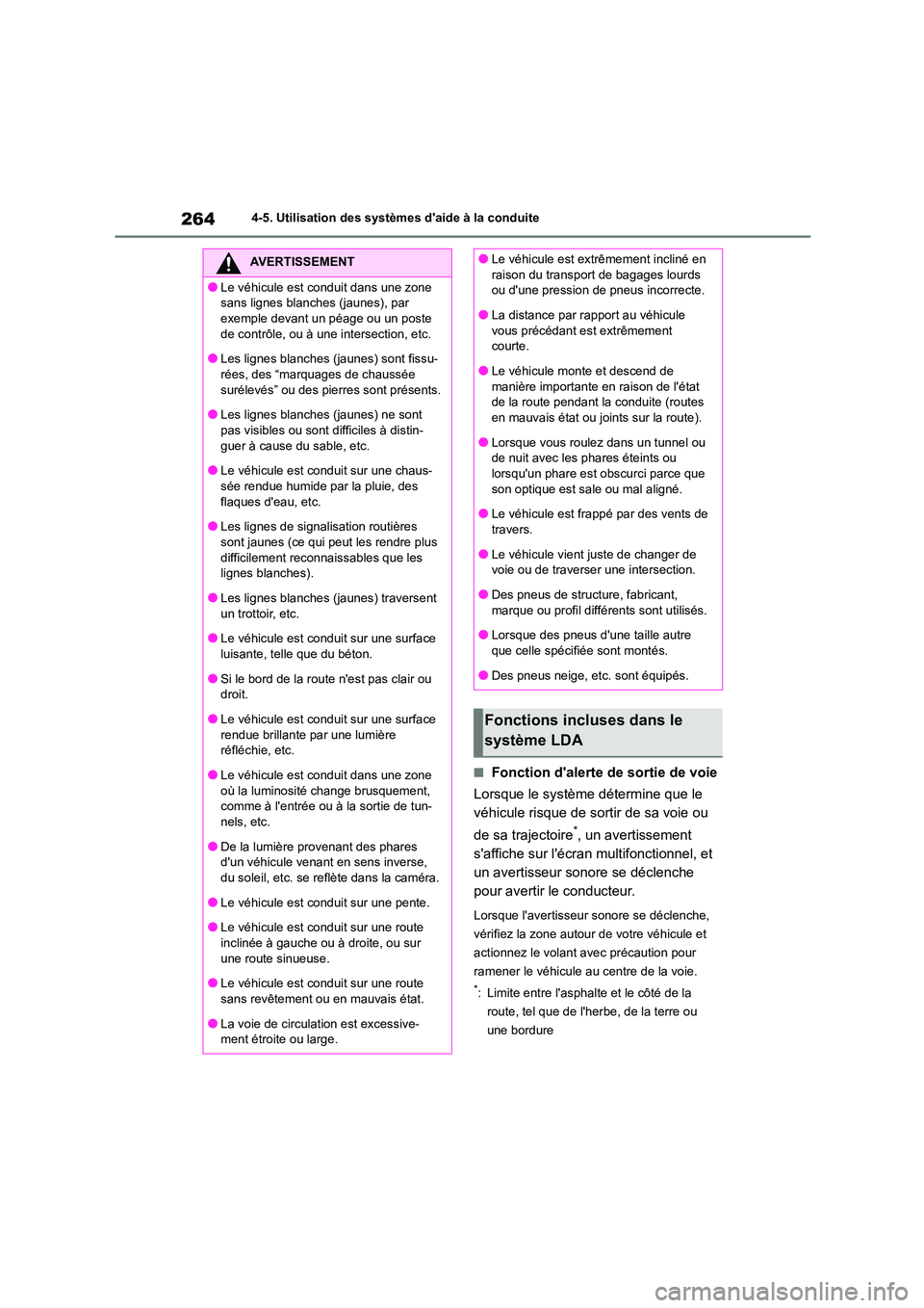 TOYOTA COROLLA 2023 Manuel du propriétaire (in French) 2644-5. Utilisation des systèmes daide à la conduite
■Fonction dalerte de sortie de voie
Lorsque le système détermine que le
véhicule risque de sortir de sa voie ou
de sa trajectoire*, u TOYOTA COROLLA 2023 Manuel du propriétaire (in French) 2644-5. Utilisation des systèmes daide à la conduite
■Fonction dalerte de sortie de voie
Lorsque le système détermine que le
véhicule risque de sortir de sa voie ou
de sa trajectoire*, u