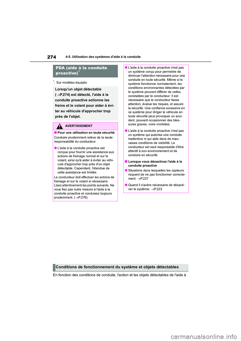 TOYOTA COROLLA 2023 Manuel du propriétaire (in French) 2744-5. Utilisation des systèmes daide à la conduite
*: Sur modèles équipés
En fonction des conditions de conduite, laction et les objets détectables de laide à
PDA (aide à la conduite
p TOYOTA COROLLA 2023 Manuel du propriétaire (in French) 2744-5. Utilisation des systèmes daide à la conduite
*: Sur modèles équipés
En fonction des conditions de conduite, laction et les objets détectables de laide à
PDA (aide à la conduite
p