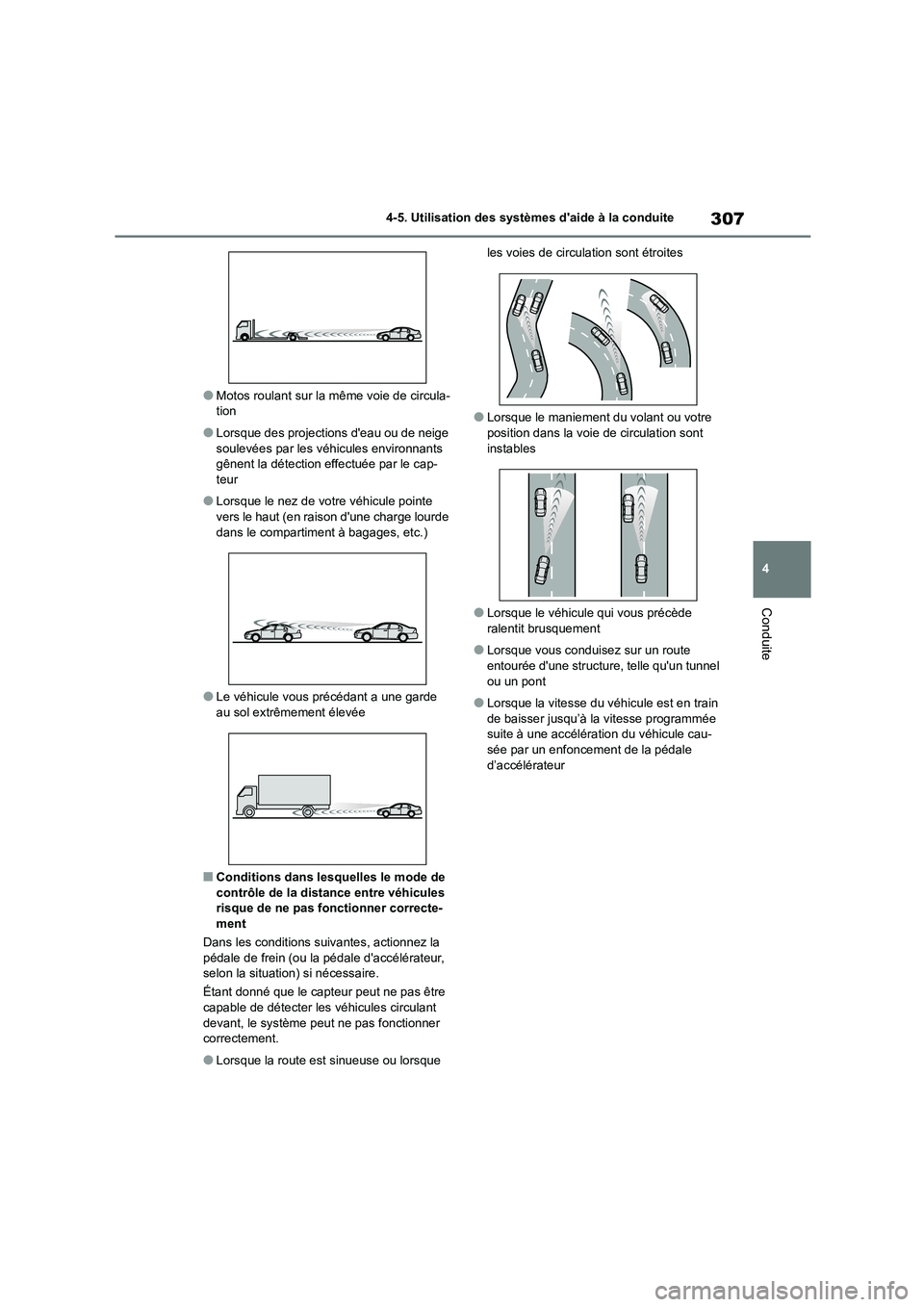 TOYOTA COROLLA 2023 Manuel du propriétaire (in French) 307
4
4-5. Utilisation des systèmes daide à la conduite
Conduite
●Motos roulant sur la même voie de circula- tion
●Lorsque des projections deau ou de neige
soulevées par les véhicules en TOYOTA COROLLA 2023 Manuel du propriétaire (in French) 307
4
4-5. Utilisation des systèmes daide à la conduite
Conduite
●Motos roulant sur la même voie de circula- tion
●Lorsque des projections deau ou de neige
soulevées par les véhicules en