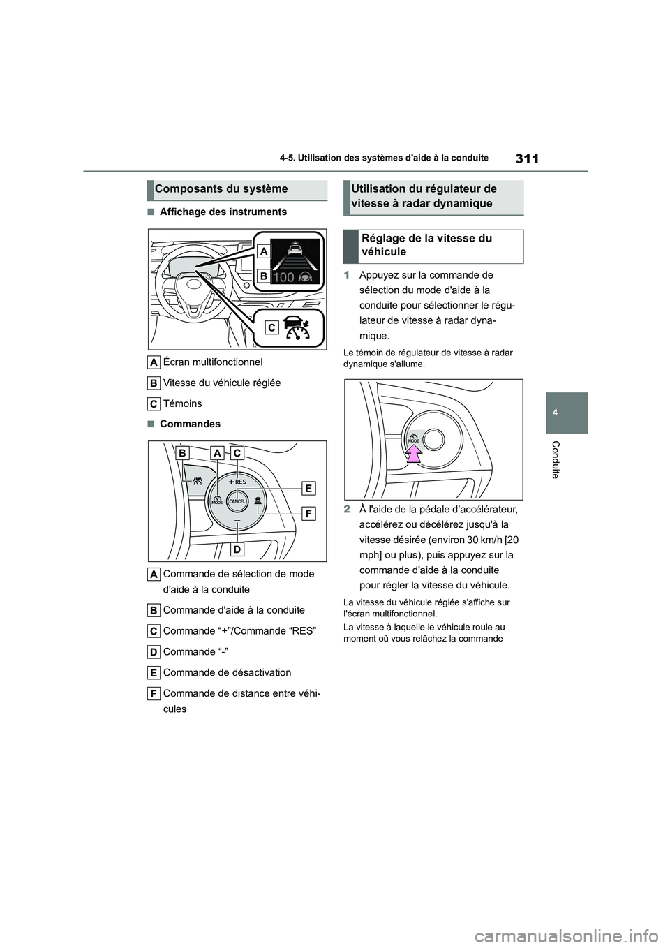 TOYOTA COROLLA 2023  Manuel du propriétaire (in French) 311
4 
4-5. Utilisation des systèmes daide à la conduite
Conduite
■Affichage des instruments 
Écran multifonctionnel 
Vitesse du véhicule réglée 
Témoins
■Commandes 
Commande de sélection