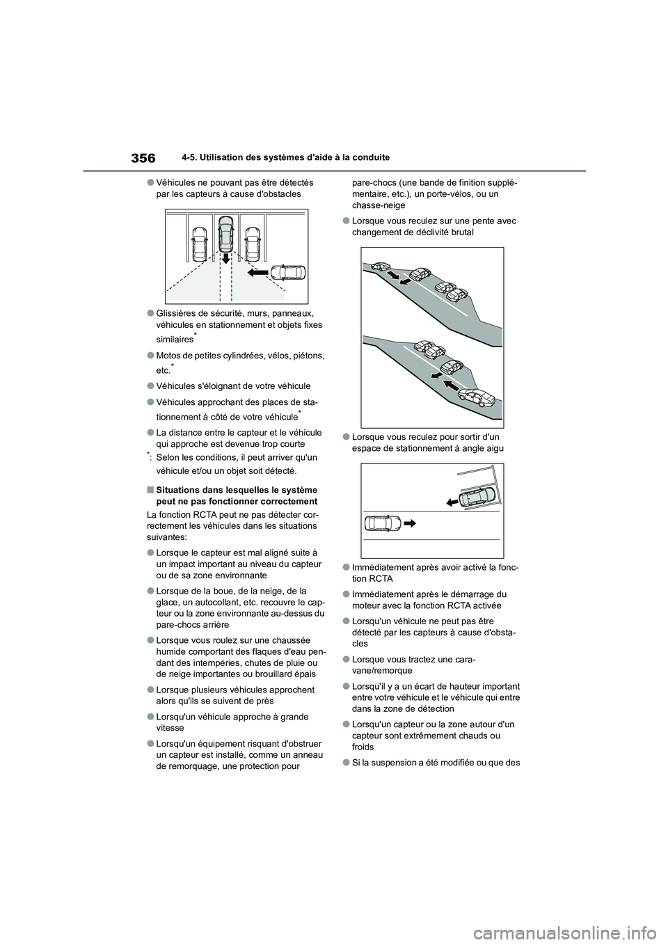 TOYOTA COROLLA 2023 Manuel du propriétaire (in French) 3564-5. Utilisation des systèmes daide à la conduite
●Véhicules ne pouvant pas être détectés par les capteurs à cause dobstacles
●Glissières de sécurité, murs, panneaux,
véhicules TOYOTA COROLLA 2023 Manuel du propriétaire (in French) 3564-5. Utilisation des systèmes daide à la conduite
●Véhicules ne pouvant pas être détectés par les capteurs à cause dobstacles
●Glissières de sécurité, murs, panneaux,
véhicules