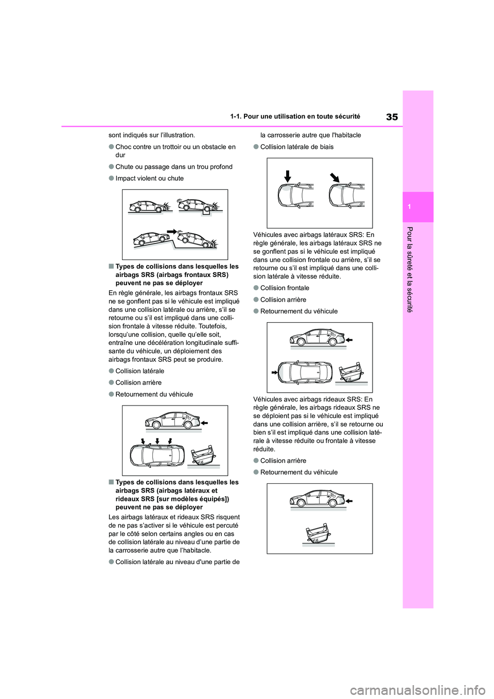 TOYOTA COROLLA 2023 Manuel du propriétaire (in French) 35
1
1-1. Pour une utilisation en toute sécurité
Pour la sûreté et la sécurité
sont indiqués sur l’illustration.
●Choc contre un trottoir ou un obstacle en
dur
●Chute ou passage dans u TOYOTA COROLLA 2023 Manuel du propriétaire (in French) 35
1
1-1. Pour une utilisation en toute sécurité
Pour la sûreté et la sécurité
sont indiqués sur l’illustration.
●Choc contre un trottoir ou un obstacle en
dur
●Chute ou passage dans u