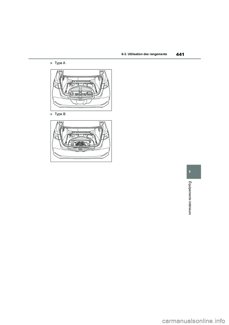 TOYOTA COROLLA 2023 Manuel du propriétaire (in French) 441
6
6-3. Utilisation des rangements
Équipements intérieurs
Type A
Type B TOYOTA COROLLA 2023 Manuel du propriétaire (in French) 441
6
6-3. Utilisation des rangements
Équipements intérieurs
Type A
Type B