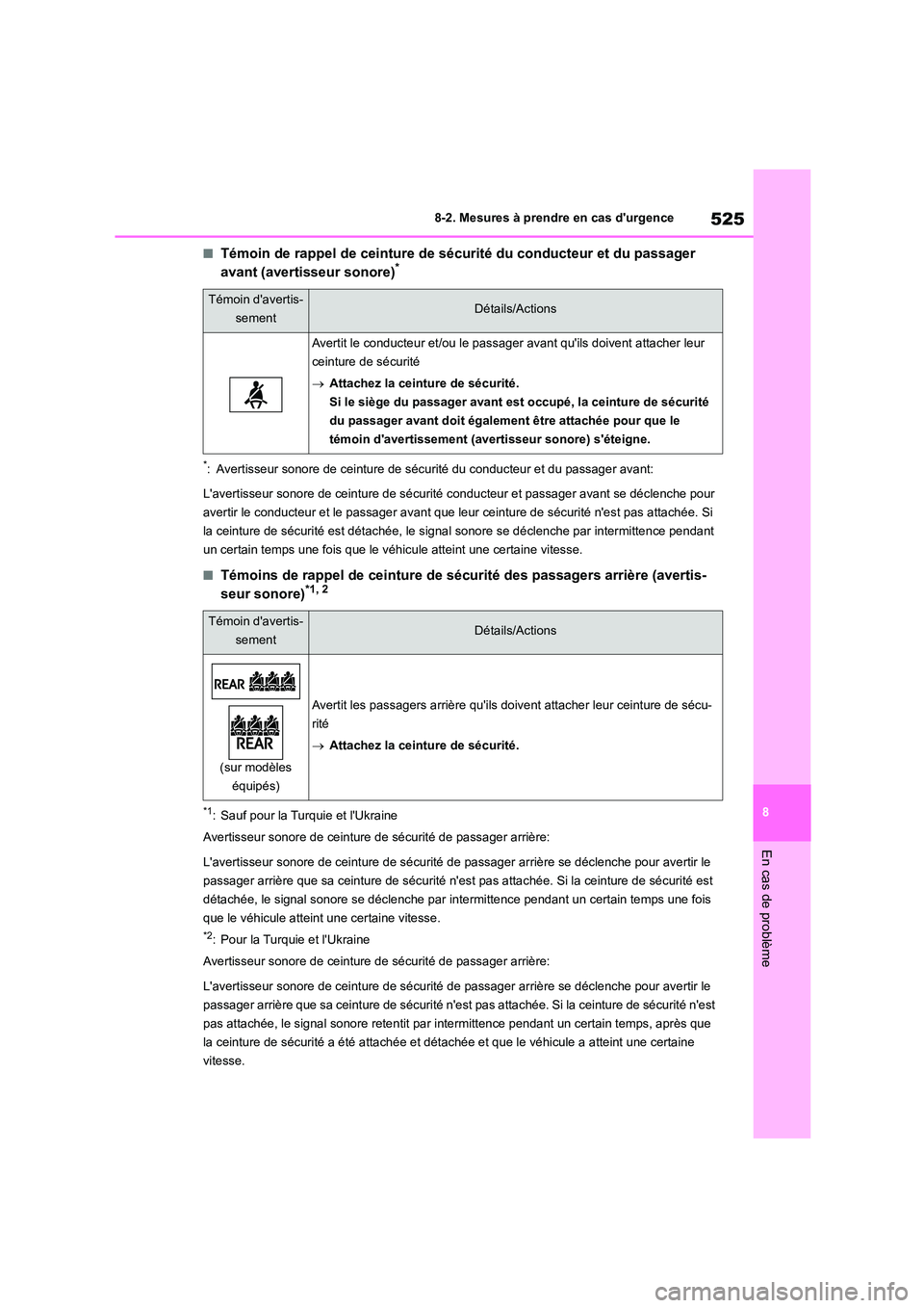 TOYOTA COROLLA 2023  Manuel du propriétaire (in French) 525
8 
8-2. Mesures à prendre en cas durgence
En cas de problème
■Témoin de rappel de ceinture de sécurité du conducteur et du passager  
avant (avertisseur sonore)*
*: Avertisseur sonore de c