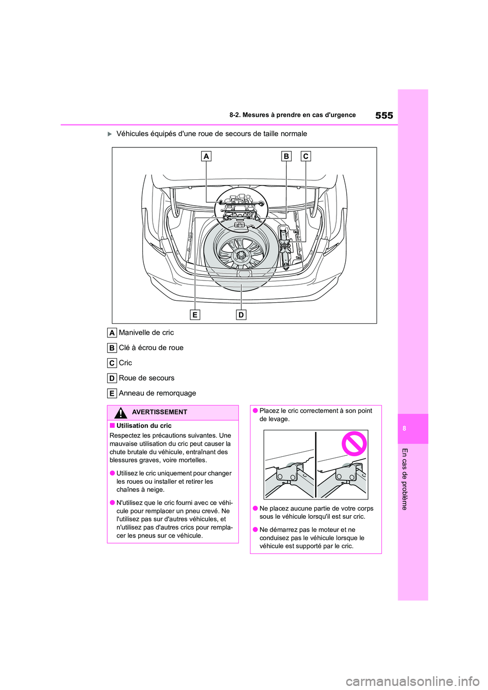 TOYOTA COROLLA 2023 Manuel du propriétaire (in French) 555
8
8-2. Mesures à prendre en cas durgence
En cas de problème
Véhicules équipés dune roue de secours de taille normale
Manivelle de cric
Clé à écrou de roue
Cric
Roue de secours
An TOYOTA COROLLA 2023 Manuel du propriétaire (in French) 555
8
8-2. Mesures à prendre en cas durgence
En cas de problème
Véhicules équipés dune roue de secours de taille normale
Manivelle de cric
Clé à écrou de roue
Cric
Roue de secours
An