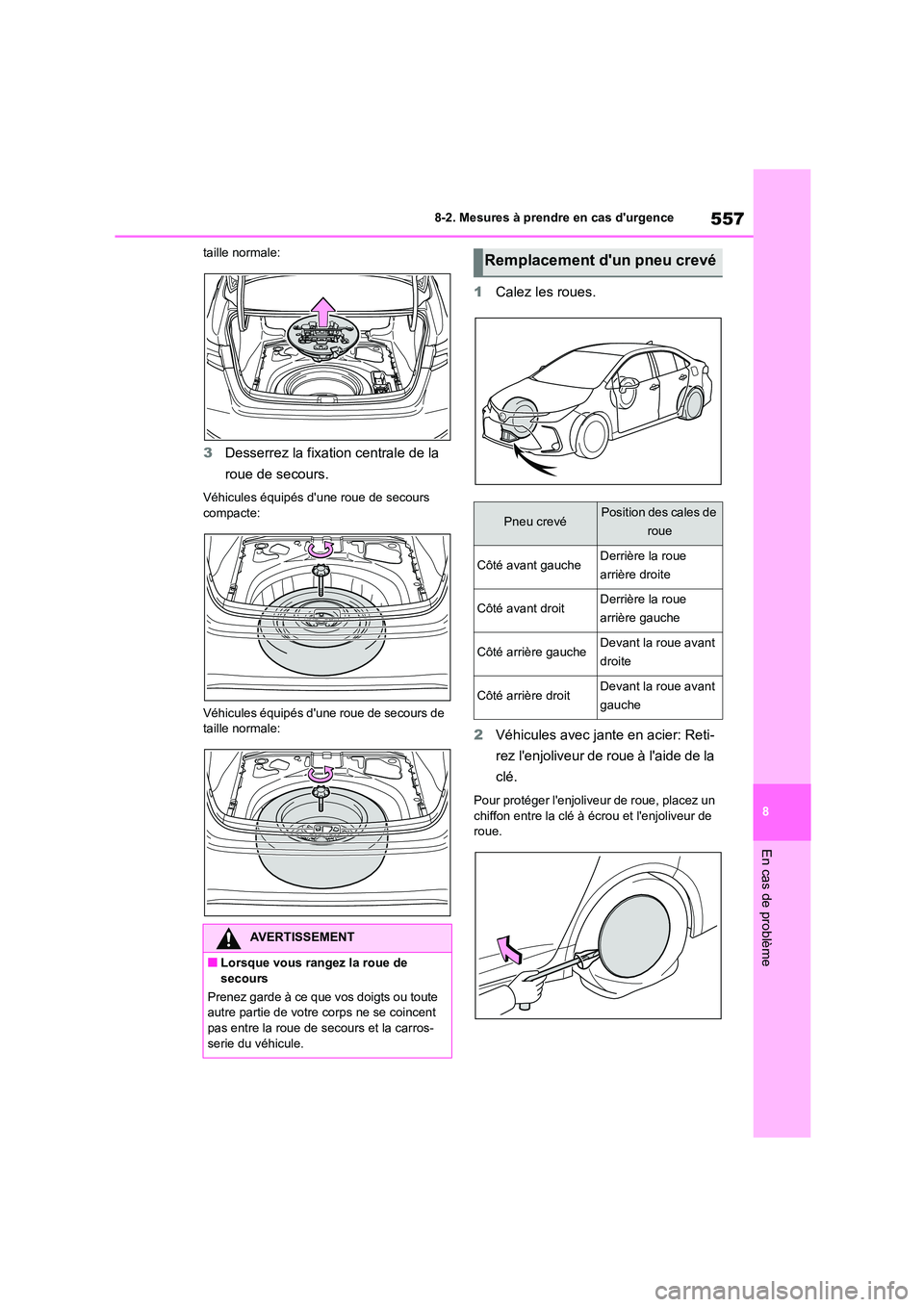 TOYOTA COROLLA 2023 Manuel du propriétaire (in French) 557
8
8-2. Mesures à prendre en cas durgence
En cas de problème
taille normale:
3 Desserrez la fixation centrale de la
roue de secours.
Véhicules équipés dune roue de secours
compacte:
V TOYOTA COROLLA 2023 Manuel du propriétaire (in French) 557
8
8-2. Mesures à prendre en cas durgence
En cas de problème
taille normale:
3 Desserrez la fixation centrale de la
roue de secours.
Véhicules équipés dune roue de secours
compacte:
V