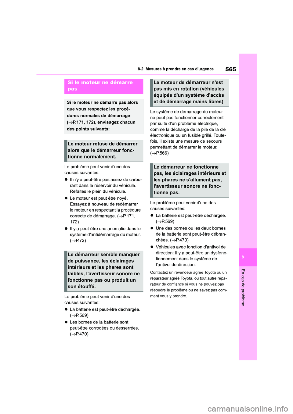 TOYOTA COROLLA 2023 Manuel du propriétaire (in French) 565
8
8-2. Mesures à prendre en cas durgence
En cas de problème
Le problème peut venir dune des
causes suivantes:
Il ny a peut-être pas assez de carbu-
rant dans le réservoir du véhi TOYOTA COROLLA 2023 Manuel du propriétaire (in French) 565
8
8-2. Mesures à prendre en cas durgence
En cas de problème
Le problème peut venir dune des
causes suivantes:
Il ny a peut-être pas assez de carbu-
rant dans le réservoir du véhi