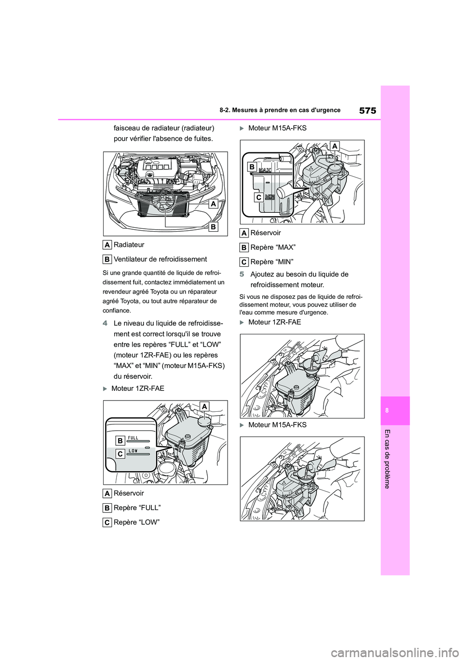 TOYOTA COROLLA 2023 Manuel du propriétaire (in French) 575
8
8-2. Mesures à prendre en cas durgence
En cas de problème
faisceau de radiateur (radiateur)
pour vérifier labsence de fuites.
Radiateur
Ventilateur de refroidissement
Si une grande qua TOYOTA COROLLA 2023 Manuel du propriétaire (in French) 575
8
8-2. Mesures à prendre en cas durgence
En cas de problème
faisceau de radiateur (radiateur)
pour vérifier labsence de fuites.
Radiateur
Ventilateur de refroidissement
Si une grande qua