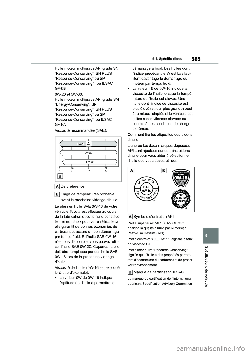 TOYOTA COROLLA 2023  Manuel du propriétaire (in French) 585
9 
9-1. Spécifications
Spécifications du véhicule
Huile moteur multigrade API grade SN  
“Resource-Conserving”, SN PLUS 
“Resource-Conserving” ou SP 
“Resource-Conserving” ; ou ILSA