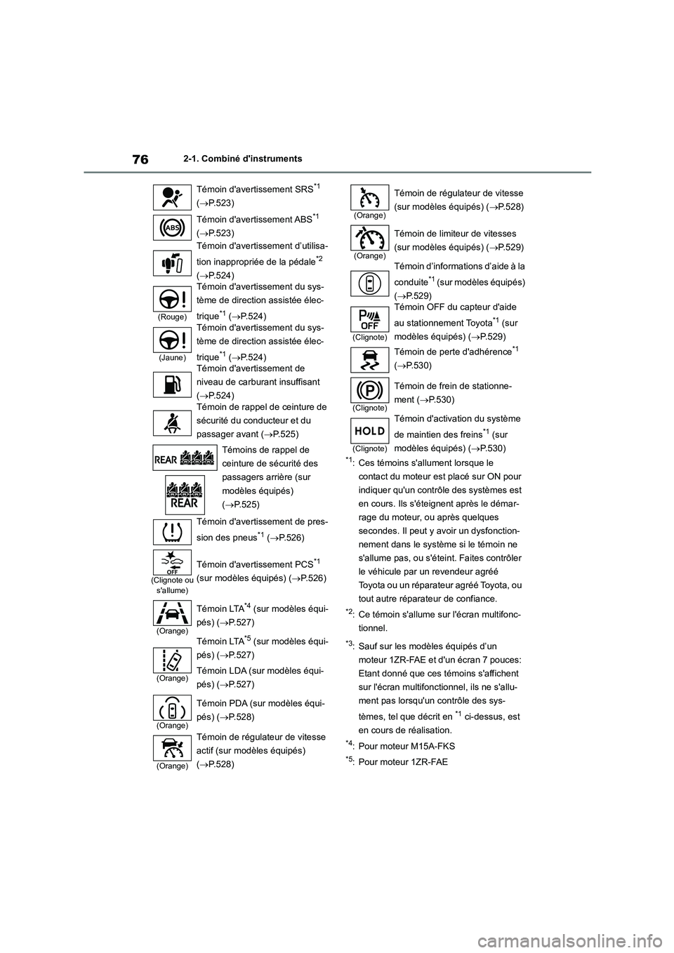 TOYOTA COROLLA 2023  Manuel du propriétaire (in French) 762-1. Combiné dinstruments
*1: Ces témoins sallument lorsque le  
contact du moteur est placé sur ON pour 
indiquer quun contrôle des systèmes est 
en cours. Ils séteignent après le démar