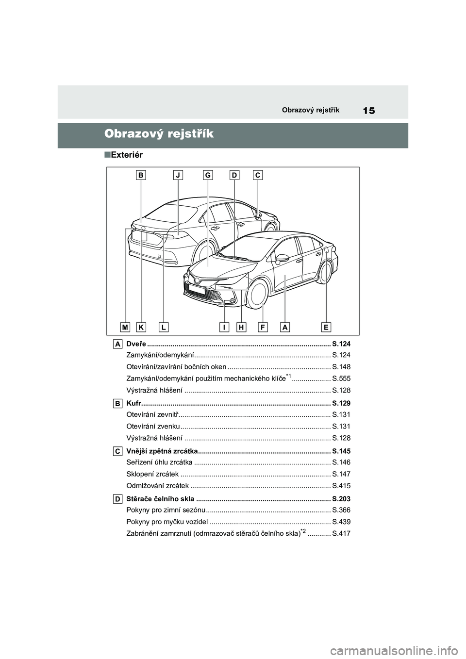 TOYOTA COROLLA 2023 Návod na použití (in Czech) 15Obrazový rejstřík
Obrazový rejstřík
■Exteriér
Dveře .............................................................................................. S.124
Zamykání/odemykání............ TOYOTA COROLLA 2023 Návod na použití (in Czech) 15Obrazový rejstřík
Obrazový rejstřík
■Exteriér
Dveře .............................................................................................. S.124
Zamykání/odemykání............