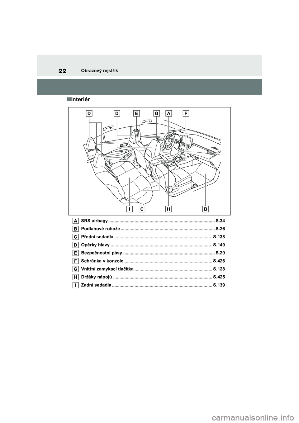TOYOTA COROLLA 2023 Návod na použití (in Czech) 22Obrazový rejstřík
■Interiér
SRS airbagy ..................................................................................... S.34
Podlahové rohože ......................................... TOYOTA COROLLA 2023 Návod na použití (in Czech) 22Obrazový rejstřík
■Interiér
SRS airbagy ..................................................................................... S.34
Podlahové rohože .........................................