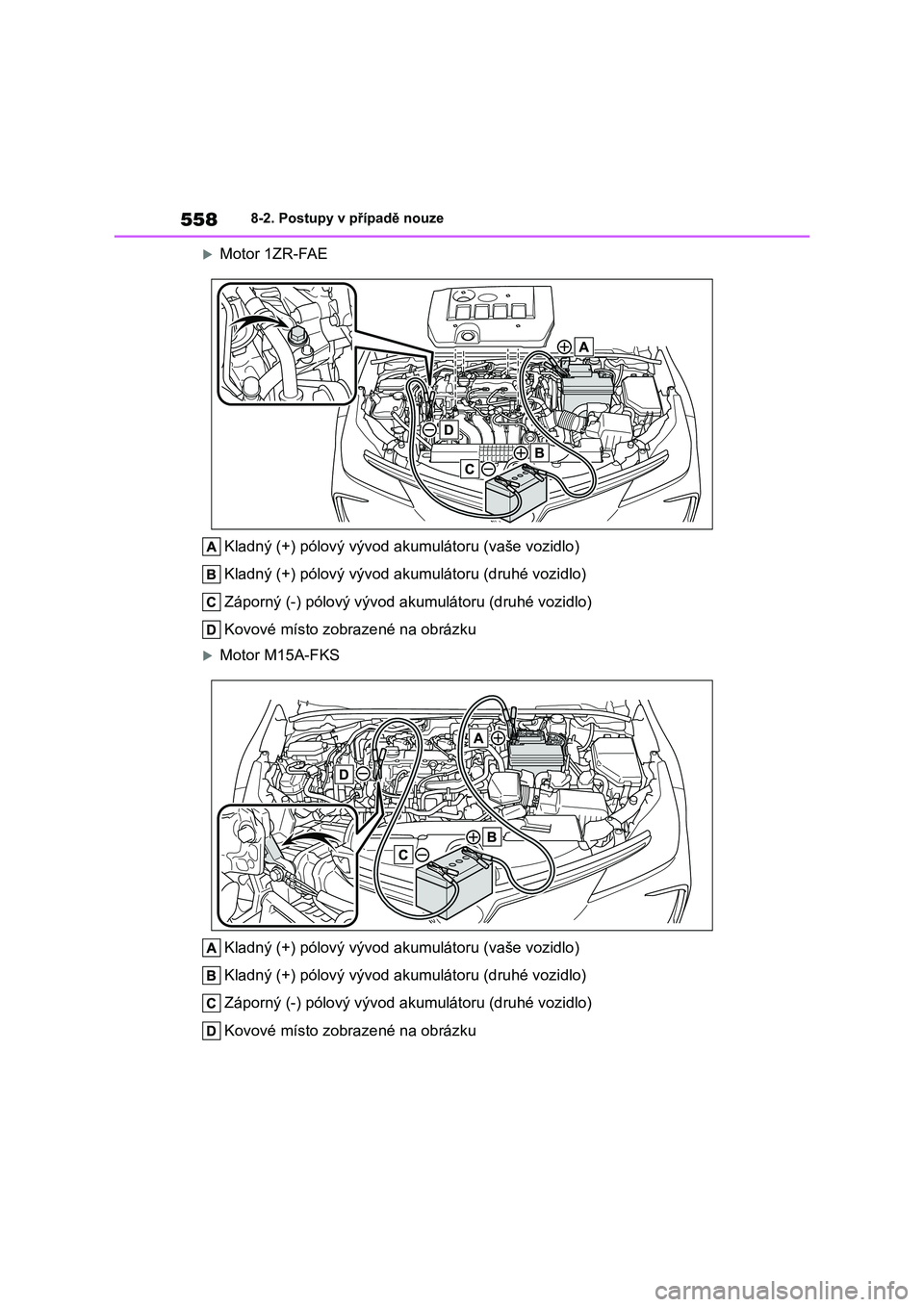 TOYOTA COROLLA 2023 Návod na použití (in Czech) 5588-2. Postupy v případě nouze
Motor 1ZR-FAE
Kladný (+) pólový vývod ak umulátoru (vaše vozidlo)
Kladný (+) pólový vývod akumulátoru (druhé vozidlo)
Záporný (-) pólový vývod TOYOTA COROLLA 2023 Návod na použití (in Czech) 5588-2. Postupy v případě nouze
Motor 1ZR-FAE
Kladný (+) pólový vývod ak umulátoru (vaše vozidlo)
Kladný (+) pólový vývod akumulátoru (druhé vozidlo)
Záporný (-) pólový vývod